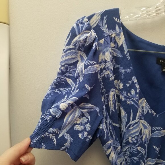 Talbots Blue Floral Etched Toile Smocked Fit and  Flare Dress 2 - Picture 7 of 10